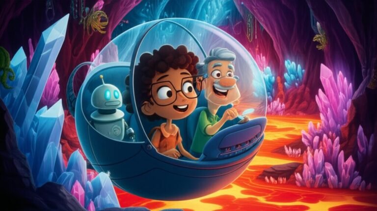 História Infantil sobre a terra: A Jornada de Liz pelo Coração Vibrante do Planeta, mostrando Liz, Professor Bóris e RO-42 em seu veículo explorando o interior da Terra.