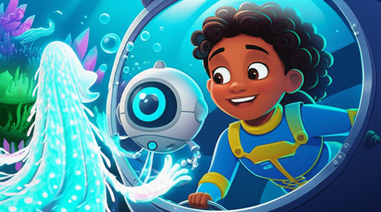 Imagem da História Infantil O Segredo da Cidade Submersa de Cristal, mostrando a exploradora Aysha, o robô Kael e a criatura Coralis na cidade submersa de cristais.
