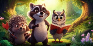 Ilustração da História Infantil O Segredo da Floreta Cintilante, mostrando o guaxinim Leo, a coruja Aurora e o ouriço Barnabé juntos em uma floresta iluminada. A imagem representa a amizade e a descoberta.