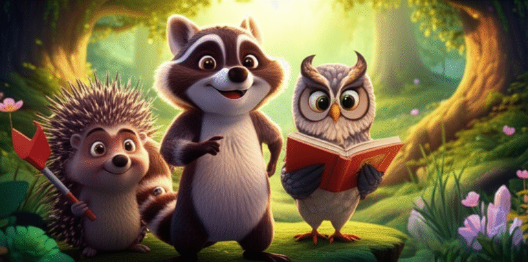 Ilustração da História Infantil O Segredo da Floreta Cintilante, mostrando o guaxinim Leo, a coruja Aurora e o ouriço Barnabé juntos em uma floresta iluminada. A imagem representa a amizade e a descoberta.