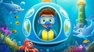 História Infantil sobre Amizade: Luan, o garoto explorador, a golfinho Corália e o caranguejo Geraldo, juntos no oceano, observando o Farol Submarino aceso, simbolizando a amizade.