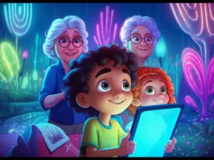 História Infantil sobre Autismo: O Jardineiro de Luzes e o Segredo dos Luminares. Imagem de um menino e uma menina no Jardim Encantado das Luzes, brincando com painéis translúcidos que criam padrões de luz coloridos. Reflete a amizade e a descoberta de novas perspectivas da História Infantil.