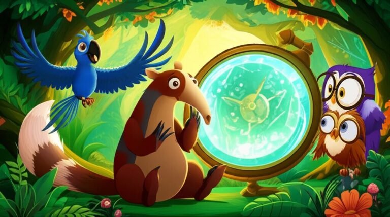 História Infantil sobre o tamanduá Téo, a arara Marina e o Professor Sabichão explorando um relógio solar antigo na Floresta dos Ecos, uma cena vibrante e cheia de descobertas e a emoção do ritmo.