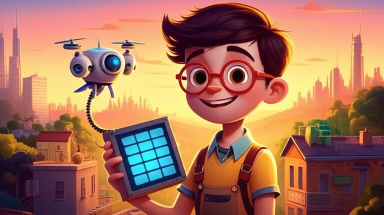 História Infantil A Luz Genuína de Ecoville. Ilustração de um menino inventor com óculos e um drone flutuante, em uma cidade futurista, com casas recebendo calor solar.