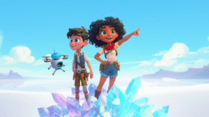 História Infantil A Jornada de Elara ao Pico Cintilante, mostrando Elara, Kael e Ska no topo de um pico de cristal brilhante, com um vasto deserto de sal ao fundo. Ilustração colorida e inspiradora.