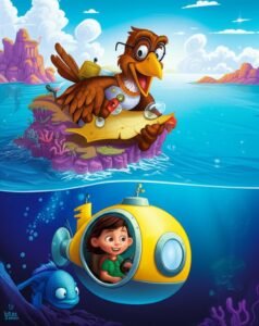 História Infantil sobre coragem, aventura de Chico o pássaro geólogo, Sofia a piloto de submarino e Beto o peixe farol em busca do Coração Cintilante nas profundezas do oceano.