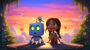 Uma ilustração vibrante da História Infantil sobre Emoções: O Segredo Sincronizado de Aerovilla, com o robô Dante, a menina Lia e o pássaro Pip em uma cidade flutuante ao pôr do sol.