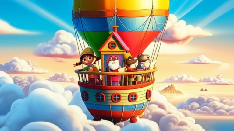 História Infantil O Balão Flutuante e a Busca pelo Tesouro da Harmonia, imagem de uma família em um balão voador explorando nuvens.