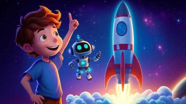 Uma História Infantil sobre um foguete espacial com um menino, um robô e uma cientista em uma aventura, ilustrando o tema da exploração espacial e amizade.