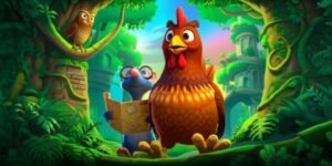 Imagem da História Infantil sobre a galinha Cora, o rato Barnabé e a coruja Aurora explorando as ruínas de uma cidade antiga e verdejante, cheia de mistérios e descobertas.