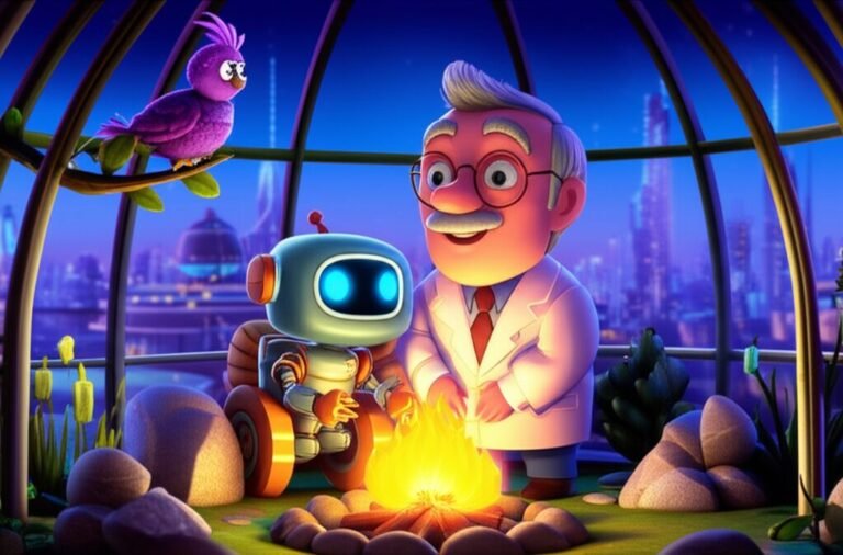 Uma ilustração vibrante da História Infantil sobre O Fogo: A Chispa Curiosa de Robo-Léo, mostrando um robô, um professor e um pássaro observando uma fogueira em um laboratório.