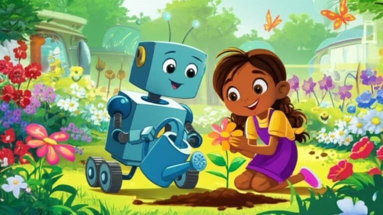 História Infantil sobre Perdoar: Luna e Zeca, o robô, plantando flores em um jardim colorido.