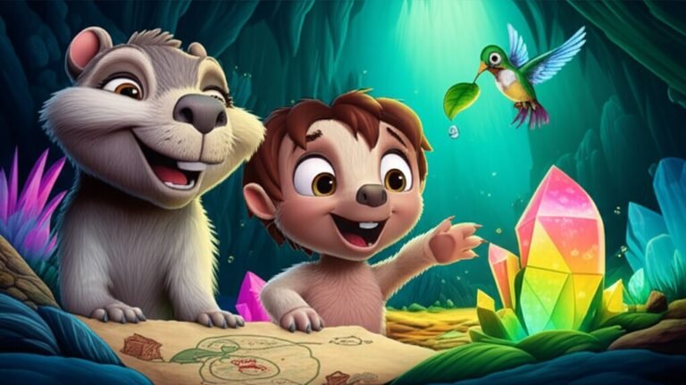 História Infantil: Ilustração vibrante de Tonico, o tatu, Dona Cássia, a capivara, e Flora, a beija-flor, reativando o Cristal Pulsante na cidade subterrânea de Lumina, em uma cena de aventura e amizade.