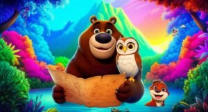 História Infantil sobre o Urso Bento, a coruja Sofia e a lontra Léo, amigos explorando uma floresta colorida e vibrante. A imagem mostra os personagens principais em uma aventura cheia de descobertas.