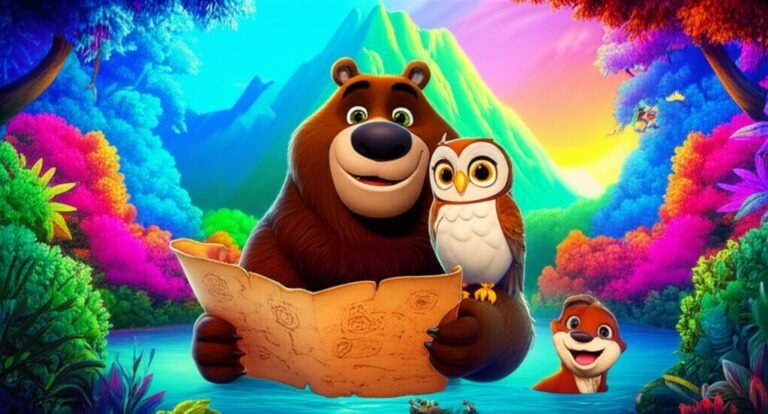 História Infantil sobre o Urso Bento, a coruja Sofia e a lontra Léo, amigos explorando uma floresta colorida e vibrante. A imagem mostra os personagens principais em uma aventura cheia de descobertas.