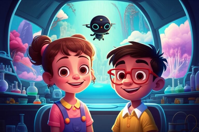 História Infantil sobre Sonhos: Uma ilustração colorida de Amélia, Leo e Faísca explorando um mundo de imaginação e criatividade, representando a história.