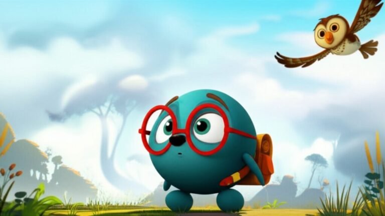 Ilustração da História Infantil O Enigma da Neblina Sussurrante, com o tatu-bola Joaquim com óculos e mochila em meio a uma névoa clara, com a coruja Lúcia voando acima, simbolizando a superação do medo.