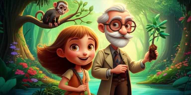 História Infantil sobre Sustentabilidade: Ilustração vibrante de Júlia, Professor Astolfo e Pipoca em uma floresta revitalizada, destacando a beleza da natureza e o impacto positivo da sustentabilidade.