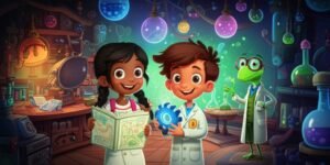 História Infantil: Ilustração vibrante mostrando o menino inventor Pedro e sua amiga Lina em um laboratório criativo, com o Professor Grilo Olavo ao fundo, representando a aventura e o trabalho em equipe da história.