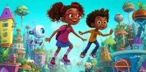 História Infantil sobre Tecnologia e Inovação: Imagem colorida e vibrante de Lina, uma menina curiosa, e seu robô Tito, explorando a cidade futurista de Futurolândia.