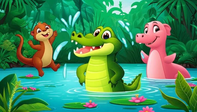 História Infantil sobre Tomar Banho: Ilustração vibrante de um jacaré-anão sorridente na água com um boto-cor-de-rosa e uma lontra brincalhona. A cena transmite alegria e limpeza.