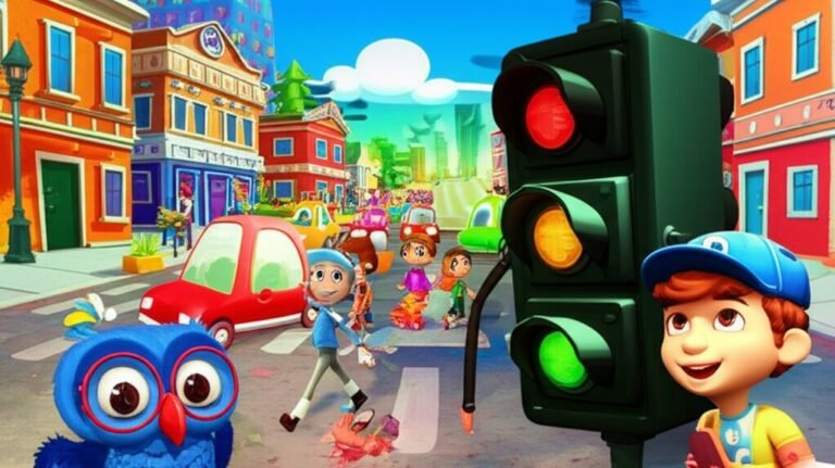 História Infantil ilustrando Seu Luminoso, o semáforo, Dona Corujinha, a coruja, e Pedro, o menino, promovendo a segurança e o respeito no trânsito urbano em uma atmosfera alegre.