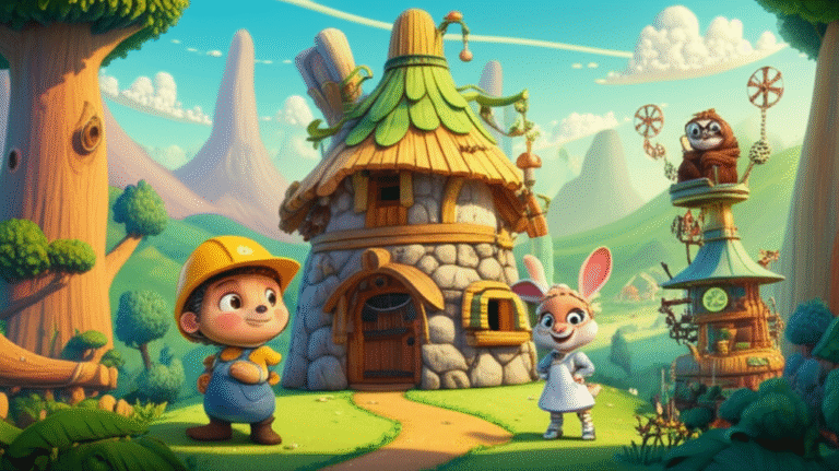 História Infantil: Ilustração dos três personagens principais, Pietro o ouriço, Flora a lebre e Bento o bicho-preguiça, em frente às suas casas únicas no Vale dos Ventos Sussurrantes, representando o enredo de O Segredo das Casas à Prova de Vento.