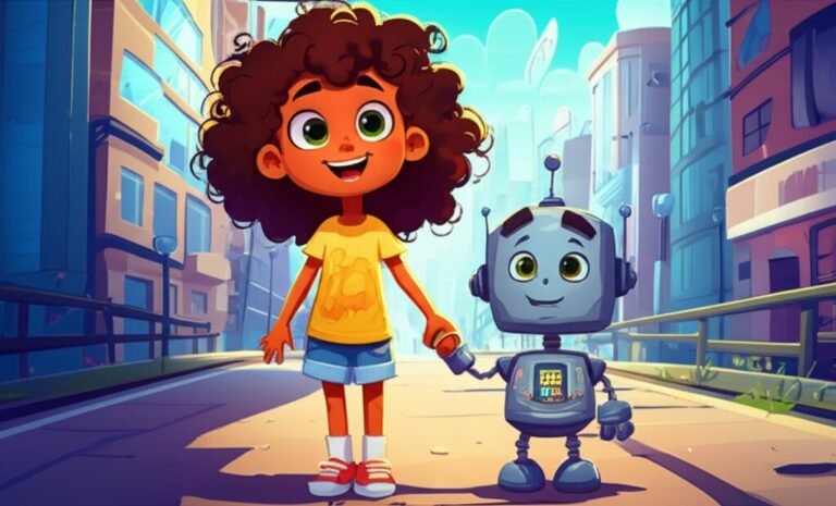 História Infantil: Uma menina e um robô explorando uma cidade futurista, descobrindo o valor dos sentimentos sinceros e a importância de viver valores como coragem, amizade e honestidade.