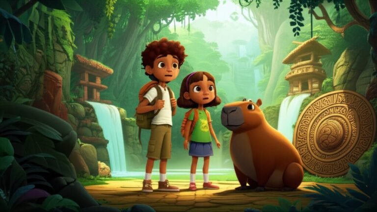 Uma vibrante ilustração da História Infantil O Relógio de Sol Escondido na Floresta Amazônica, com os personagens Pedro, Sofia e Chico, uma capivara, explorando uma antiga cidade na floresta, cheia de ruínas e vegetação exuberante.