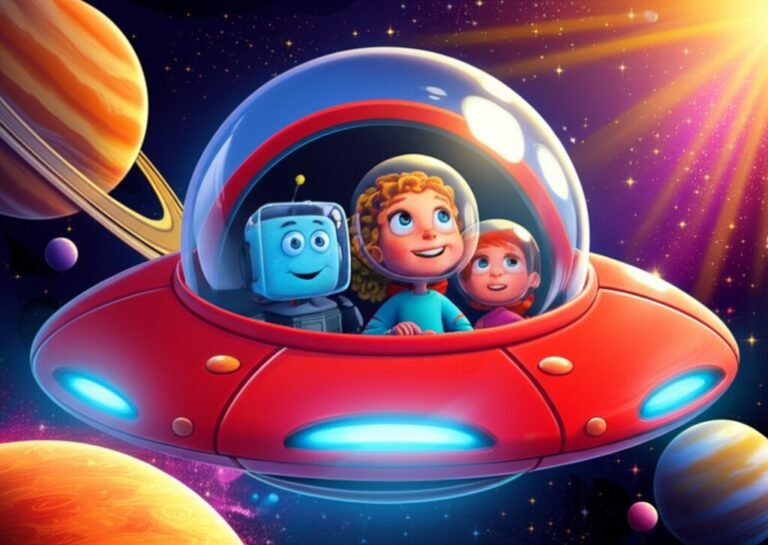Uma ilustração vibrante da História Infantil A Odisseia Solar de Lia e Pipoca, mostrando a menina Lia e seu robô Pipoca dentro de uma nave espacial redonda, observando o espaço e os planetas do Sistema Solar, transmitindo uma sensação de admiração e aventura.