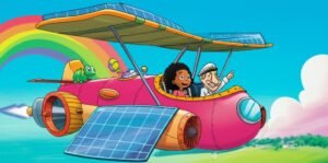 História Infantil: Ilustração vibrante da Andorinha Aventureira, uma aeronave inovadora, voando sobre paisagens diversas com a menina Marina, o Capitão Astolfo e o camaleão Bóris a bordo, representando a aventura de viagens pelo mundo.