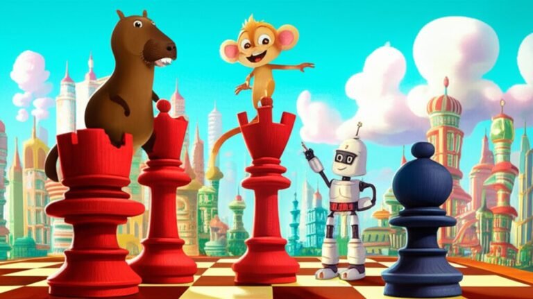 História Infantil sobre xadrez: Personagens Quinho, Senhor Sebastião e Unidade R-Xadrez em um cenário futurista de xadrez gigante, representando a aventura lógica e estratégica.