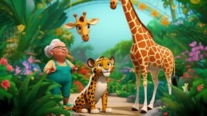 Imagem de capa da História Infantil sobre zoologico: A Missão Colorida de Léo e Gigi no Zoológico Encantado, mostrando o leopardo Léo e a girafa Gigi em um cenário de zoológico vibrante.