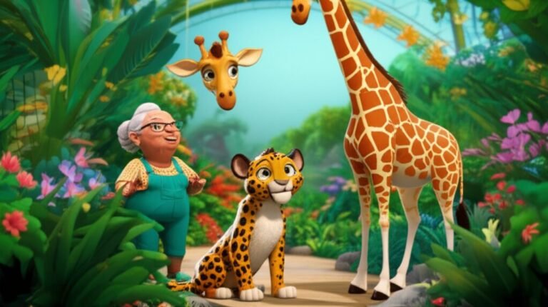 Imagem de capa da História Infantil sobre zoologico: A Missão Colorida de Léo e Gigi no Zoológico Encantado, mostrando o leopardo Léo e a girafa Gigi em um cenário de zoológico vibrante.
