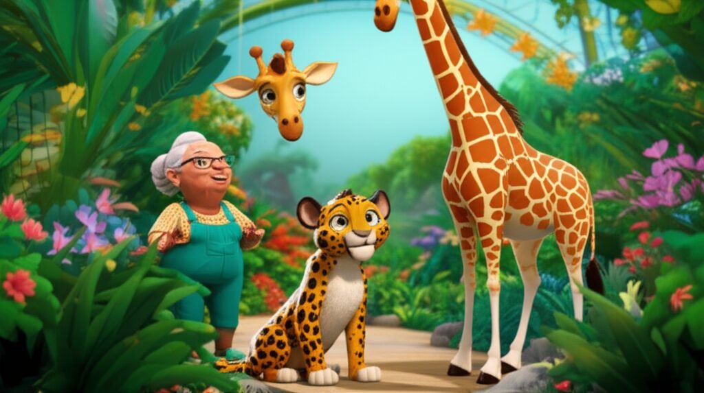 Imagem de capa da História Infantil sobre zoologico: A Missão Colorida de Léo e Gigi no Zoológico Encantado, mostrando o leopardo Léo e a girafa Gigi em um cenário de zoológico vibrante.