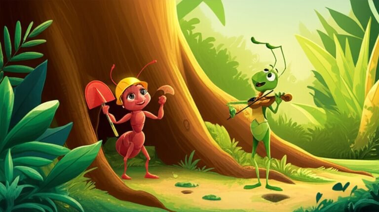 História Infantil: A formiga Dona Cecília e o grilo Seu Benedito colaborando na construção de um abrigo na Floresta Sonora. A imagem representa a harmonia entre trabalho e arte, personagens e seus talentos únicos.