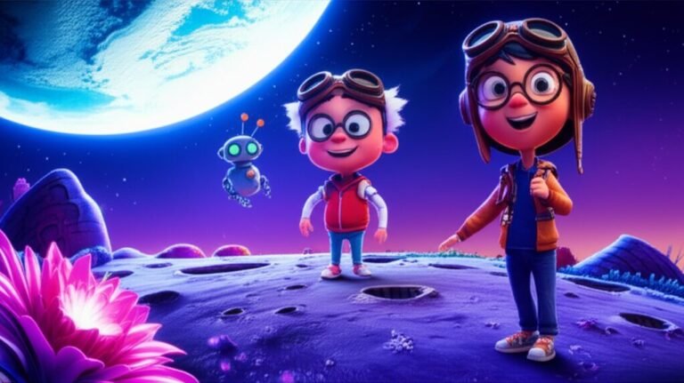 História Infantil O Astronauta Mirim e o Desafio Lunar: Ilustração de Miguel, Professor Astrogildo e Faísca na lua, com a Terra ao fundo, explorando uma flor lunar brilhante, promovendo a curiosidade e a amizade.