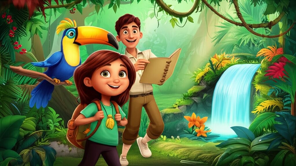Uma ilustração vibrante da História Infantil O Segredo da Floresta Sussurrante e o Guardião da Água Doce, mostrando Jaci, Tupã e Caetano em uma floresta exuberante perto de uma nascente de água.