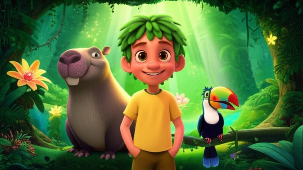 Ilustração da História Infantil sobre a natureza: O Segredo Sussurrante da Floresta Escondida, com o menino Lírio, a capivara Jubarte e o tucano Araçari em um vale secreto da floresta, ao lado de uma flor gigante e brilhante.