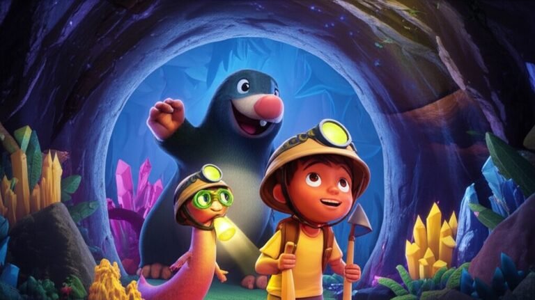 História Infantil sobre a Terra: Sol, o menino, a minhoca Flora e a toupeira Rocha explorando uma caverna subterrânea cheia de cristais.