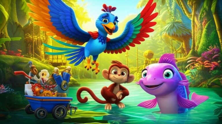 História Infantil: Ilustração dos personagens Jubileu, Bento e Lila, um pássaro colorido, um macaco inventor e uma peixe-gato brilhante, juntos em uma floresta vibrante, simbolizando a união e a aceitação das diferenças na História Infantil O Canto Colorido de Jubileu.