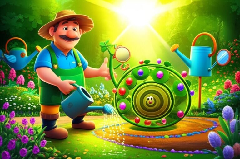 História Infantil sobre agricultura e cultivo: Imagem de um jardineiro sorridente regando uma planta com frutos coloridos em uma horta vibrante, destacando a singularidade da planta Pipoca.