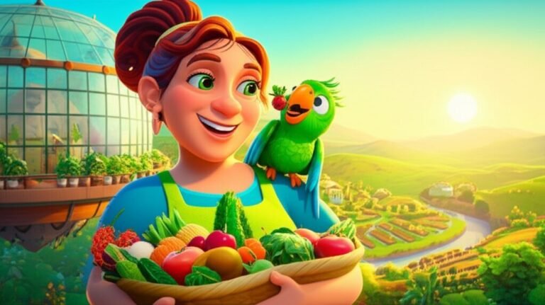 História Infantil: Ilustração vibrante de Bela Florinda com a papagaia Pipoca, exibindo alimentos saudáveis em sua horta flutuante, o Jardim dos Ventos, que promove a alimentação saudável para crianças.