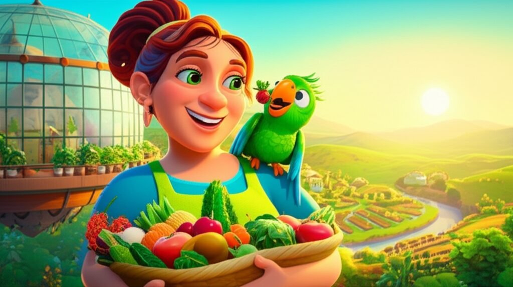 História Infantil: Ilustração vibrante de Bela Florinda com a papagaia Pipoca, exibindo alimentos saudáveis em sua horta flutuante, o Jardim dos Ventos, que promove a alimentação saudável para crianças.