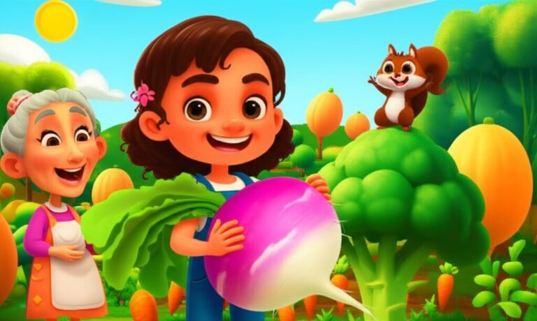 História Infantil: Ilustração dos personagens Flora, Juca e Dona Isaura na Horta Encantada, representando a temática de alimentação vegetariana e aventura.