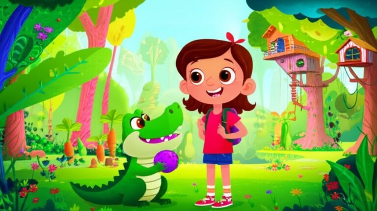 História Infantil A Aventura dos Sabores Vibrantes. Imagem de uma menina e um jacaré em uma floresta cheia de frutas e vegetais coloridos, com uma casa na árvore ao fundo, representando uma história sobre alimentação saudável.