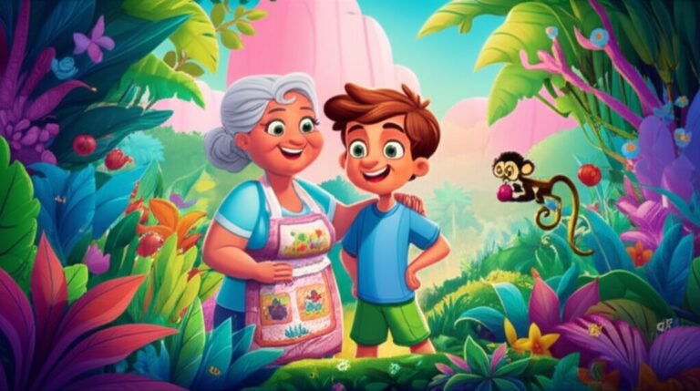 História Infantil A Jornada Saborosa de Zeca no Vale das Cores Vivas. Ilustração de um menino, uma mulher e um sagui em um vale colorido, desfrutando de frutas e vegetais frescos, simbolizando a alimentação vegetariana/vegana.