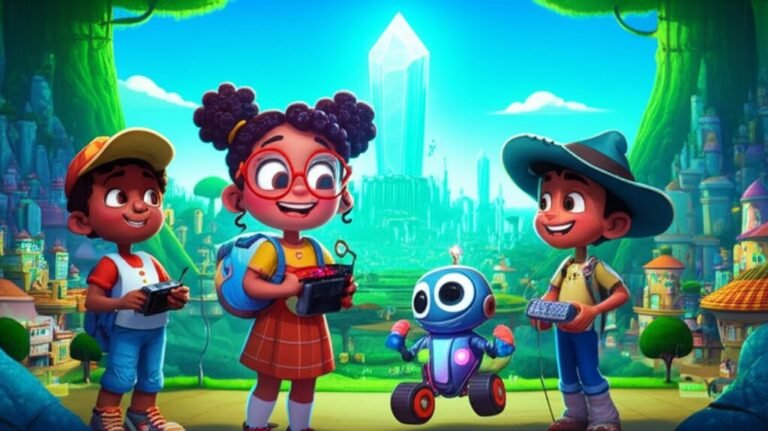 História Infantil A Jornada dos Inventores do Vale Vibrante, com Corina, Bento e Faísca explorando a Cidade Eco-Tech, um cenário futurista, destacando a amizade e a aventura.