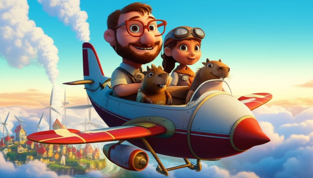 História Infantil sobre a jornada dos amigos Professor Arthur, Capitã Sofia e Guara em sua aeronave a vapor sobre uma ilha flutuante, simbolizando aventura e amizade.