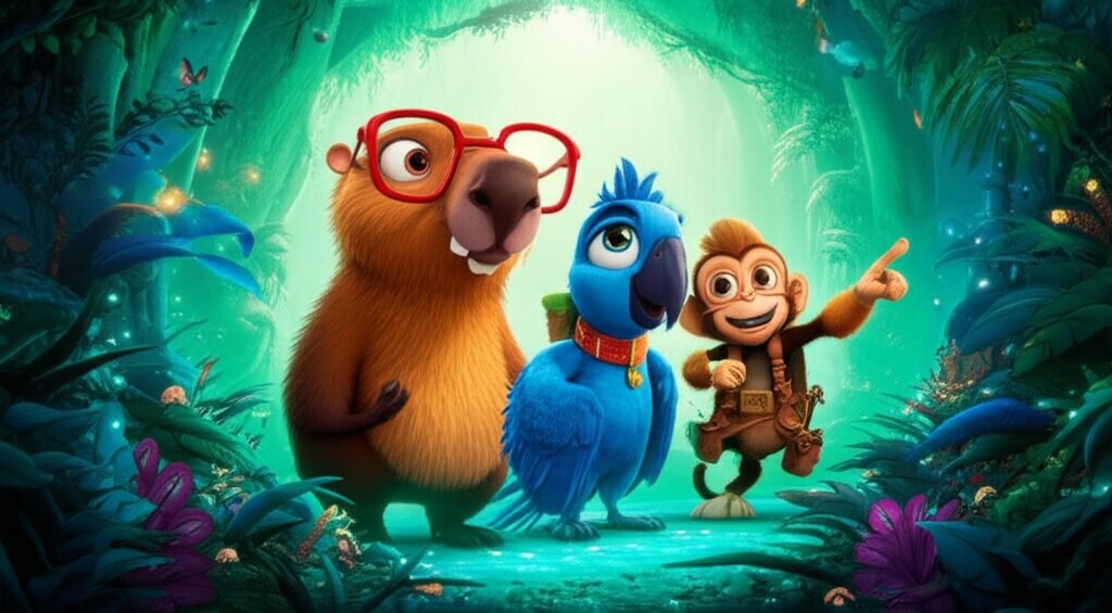 História Infantil sobre amigos: Ilustração vibrante mostrando a capivara Joca, a arara Lia e o macaco Téo explorando a Floresta Cintilante, cheia de plantas brilhantes, simbolizando a amizade e a aventura.